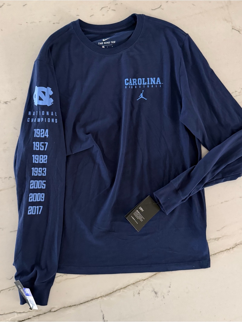 Nike Michael Jordan UNC Tarheels Champions Navy Long Sleeve T-Shirt Mens L New